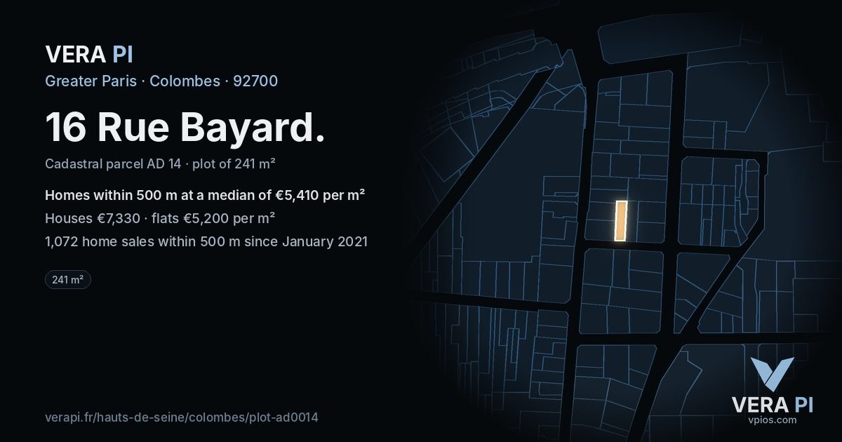 16 Rue Bayard, Colombes at night – the plot lit, the parcels around coloured by the prices near them