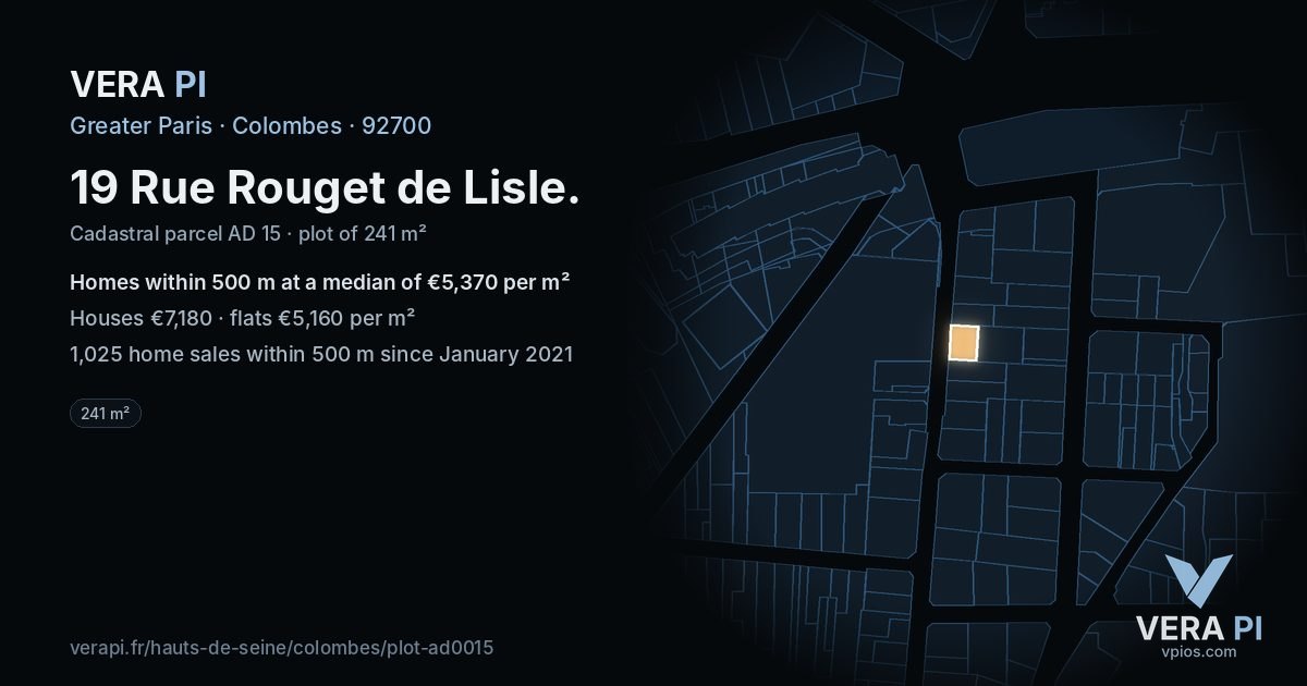 19 Rue Rouget de Lisle, Colombes at night – the plot lit, the parcels around coloured by the prices near them