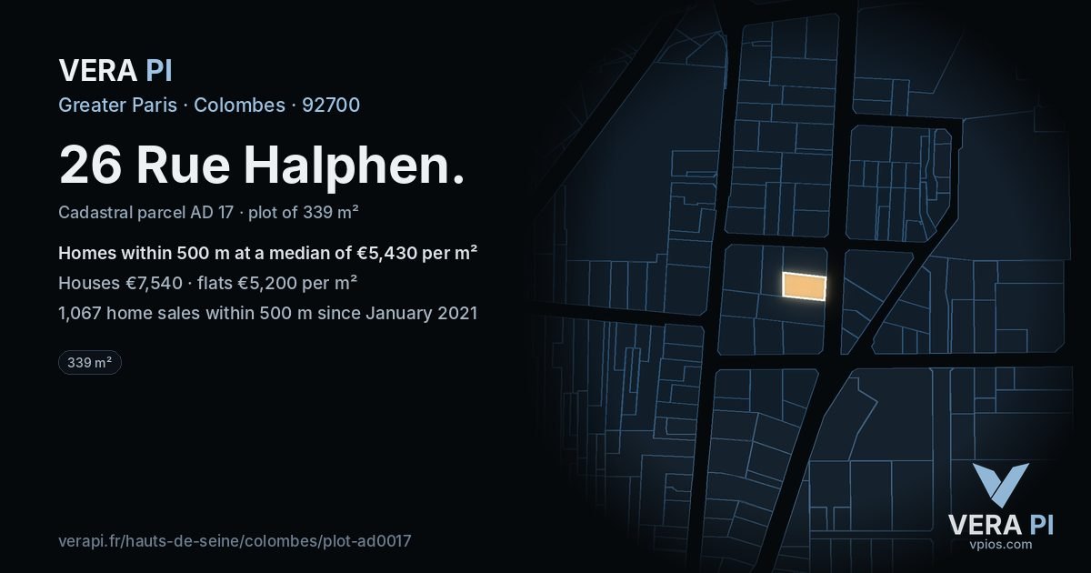 26 Rue Halphen, Colombes at night – the plot lit, the parcels around coloured by the prices near them