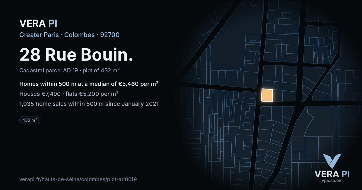 28 Rue Bouin, Colombes at night – the plot lit, the parcels around coloured by the prices near them