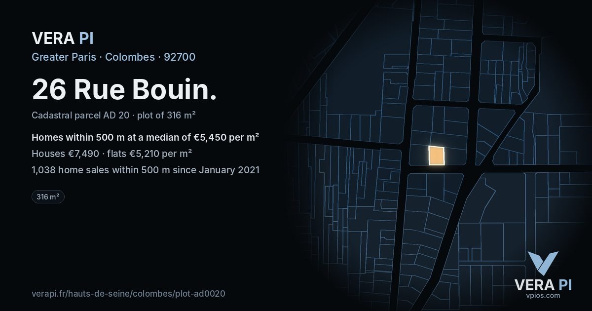 26 Rue Bouin, Colombes at night – the plot lit, the parcels around coloured by the prices near them