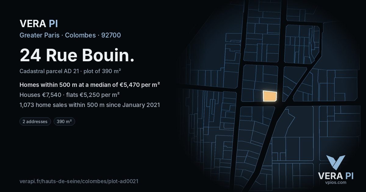 24 Rue Bouin, Colombes at night – the plot lit, the parcels around coloured by the prices near them