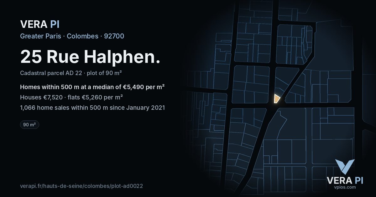 25 Rue Halphen, Colombes at night – the plot lit, the parcels around coloured by the prices near them