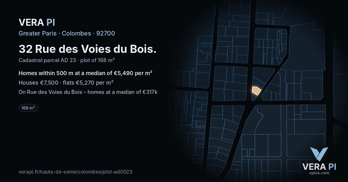 32 Rue des Voies du Bois, Colombes at night – the plot lit, the parcels around coloured by the prices near them