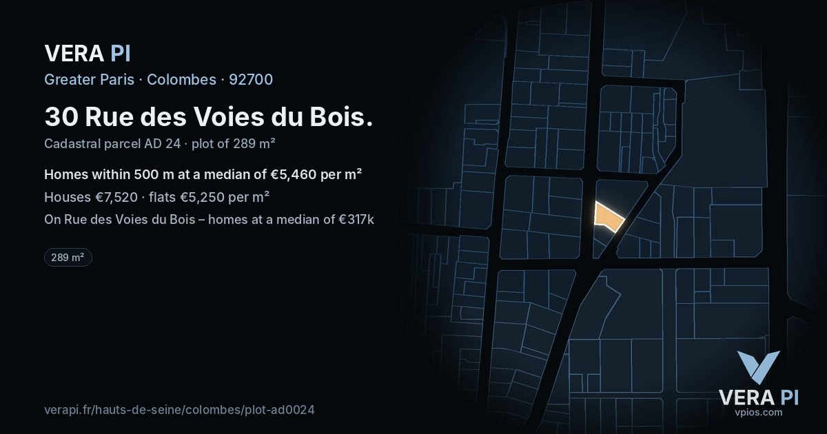 30 Rue des Voies du Bois, Colombes at night – the plot lit, the parcels around coloured by the prices near them