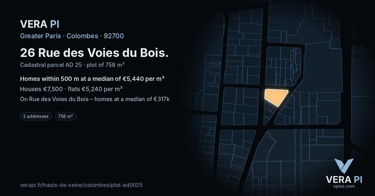 26 Rue des Voies du Bois, Colombes at night – the plot lit, the parcels around coloured by the prices near them