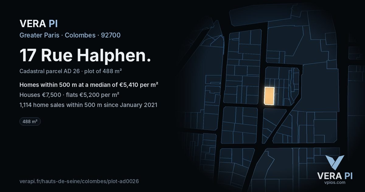 17 Rue Halphen, Colombes at night – the plot lit, the parcels around coloured by the prices near them
