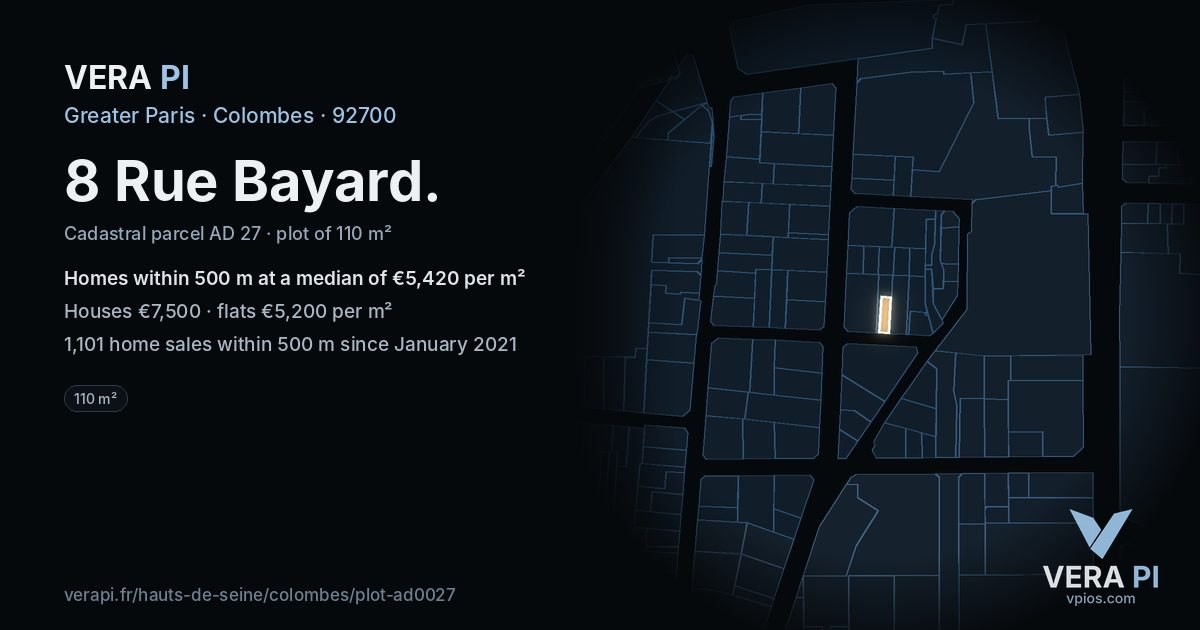 8 Rue Bayard, Colombes at night – the plot lit, the parcels around coloured by the prices near them