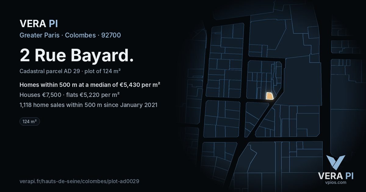 2 Rue Bayard, Colombes at night – the plot lit, the parcels around coloured by the prices near them