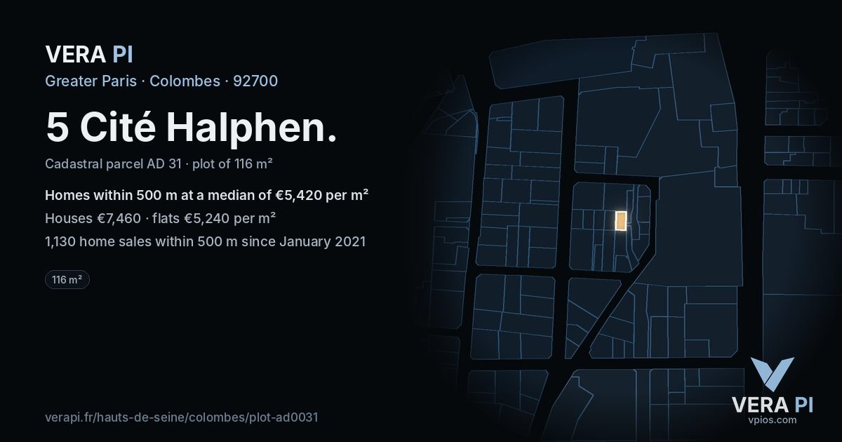 5 Cité Halphen, Colombes at night – the plot lit, the parcels around coloured by the prices near them