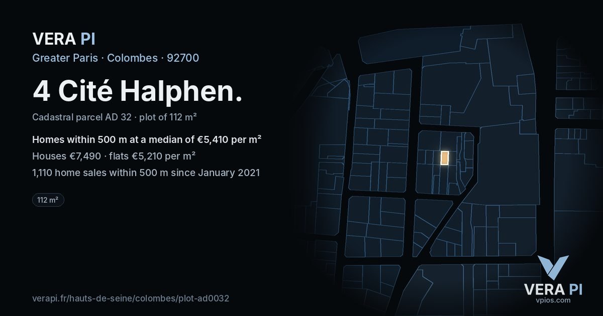 4 Cité Halphen, Colombes at night – the plot lit, the parcels around coloured by the prices near them