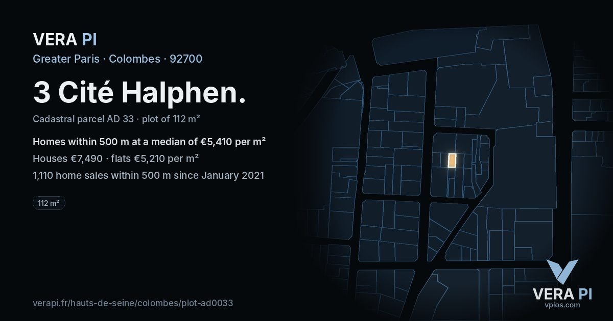 3 Cité Halphen, Colombes at night – the plot lit, the parcels around coloured by the prices near them