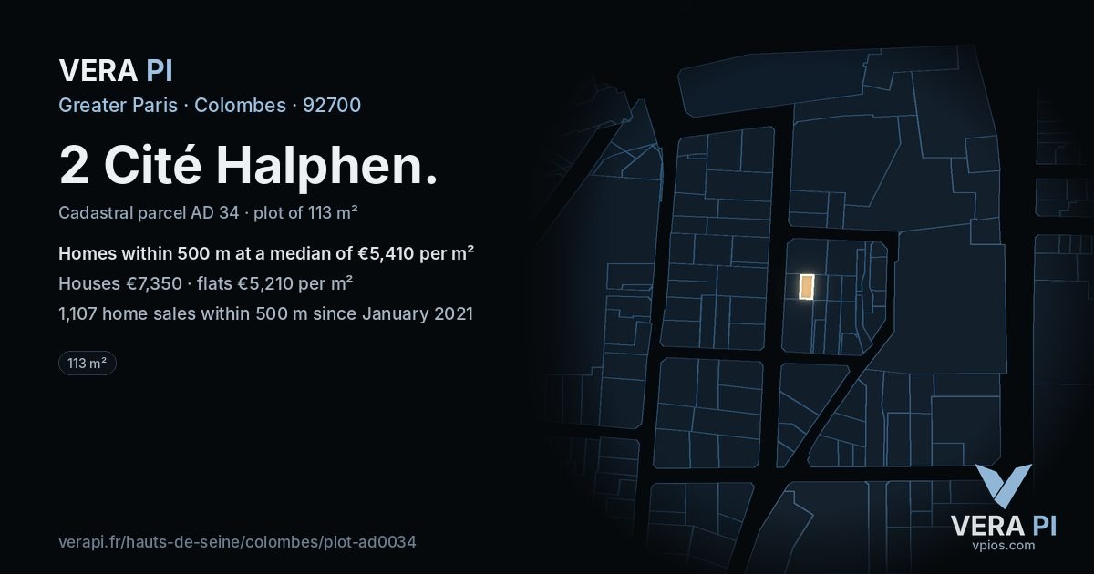 2 Cité Halphen, Colombes at night – the plot lit, the parcels around coloured by the prices near them