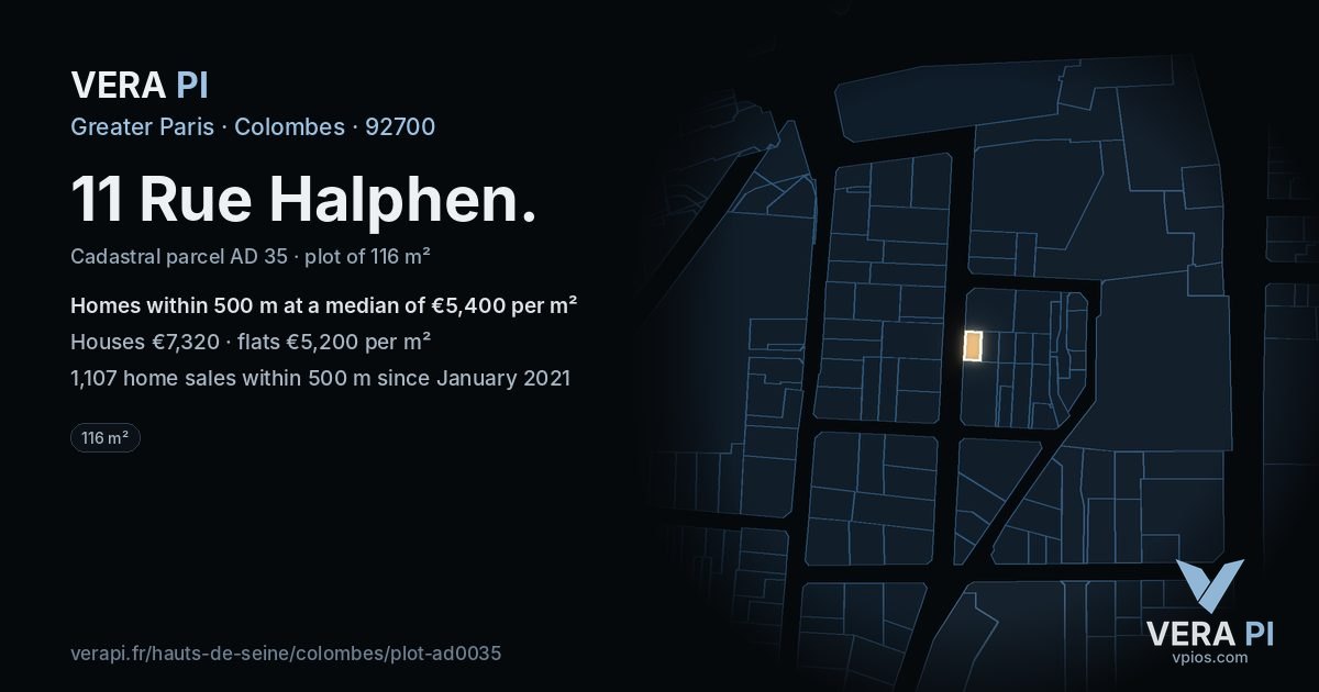 11 Rue Halphen, Colombes at night – the plot lit, the parcels around coloured by the prices near them