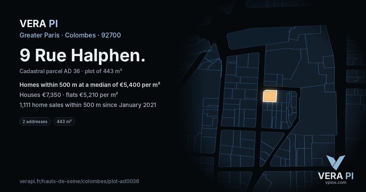 9 Rue Halphen, Colombes at night – the plot lit, the parcels around coloured by the prices near them