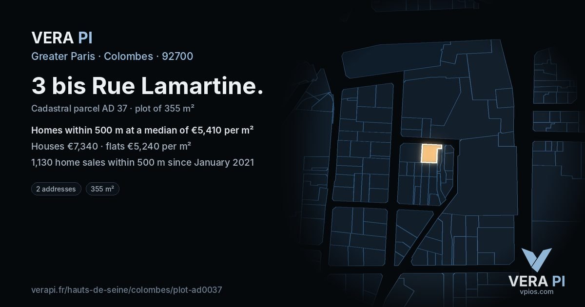 3 bis Rue Lamartine, Colombes at night – the plot lit, the parcels around coloured by the prices near them
