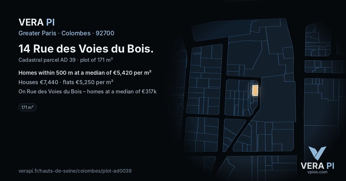 14 Rue des Voies du Bois, Colombes at night – the plot lit, the parcels around coloured by the prices near them