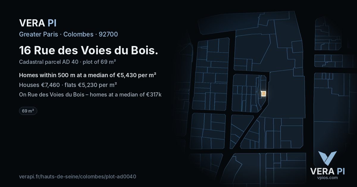 16 Rue des Voies du Bois, Colombes at night – the plot lit, the parcels around coloured by the prices near them