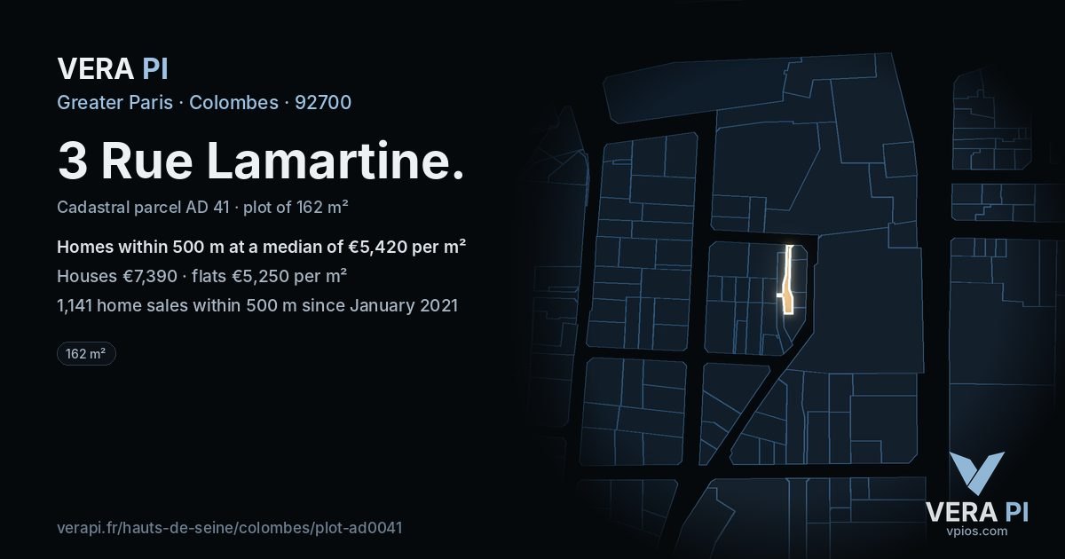 3 Rue Lamartine, Colombes at night – the plot lit, the parcels around coloured by the prices near them
