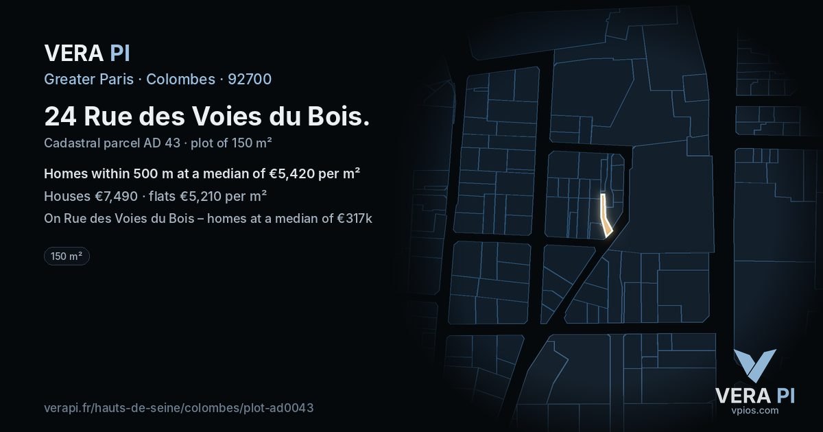 24 Rue des Voies du Bois, Colombes at night – the plot lit, the parcels around coloured by the prices near them