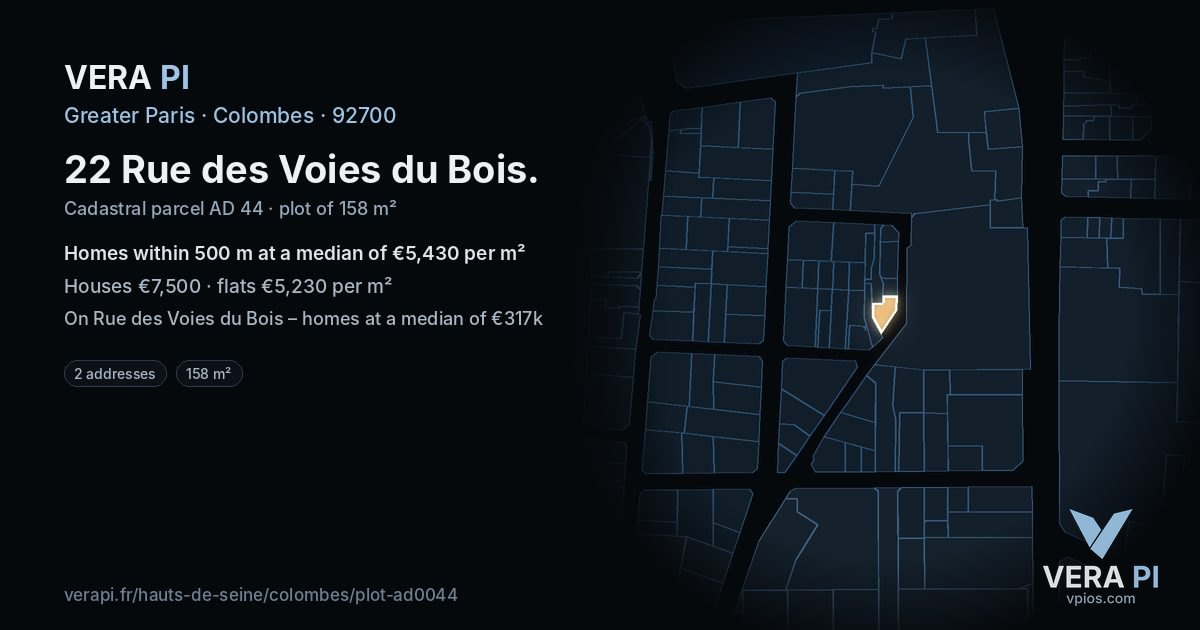 22 Rue des Voies du Bois, Colombes at night – the plot lit, the parcels around coloured by the prices near them