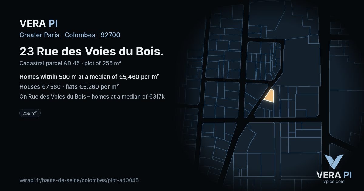 23 Rue des Voies du Bois, Colombes at night – the plot lit, the parcels around coloured by the prices near them