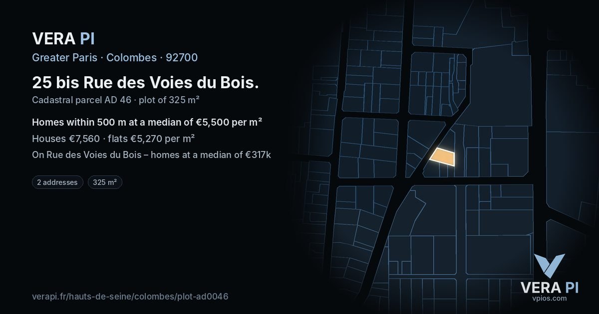 25 bis Rue des Voies du Bois, Colombes at night – the plot lit, the parcels around coloured by the prices near them