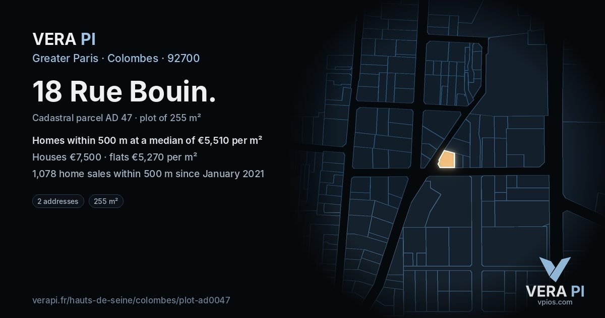 18 Rue Bouin, Colombes at night – the plot lit, the parcels around coloured by the prices near them