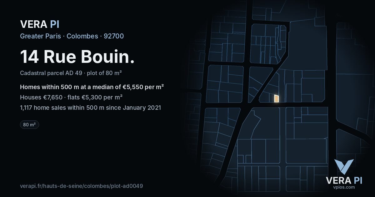 14 Rue Bouin, Colombes at night – the plot lit, the parcels around coloured by the prices near them