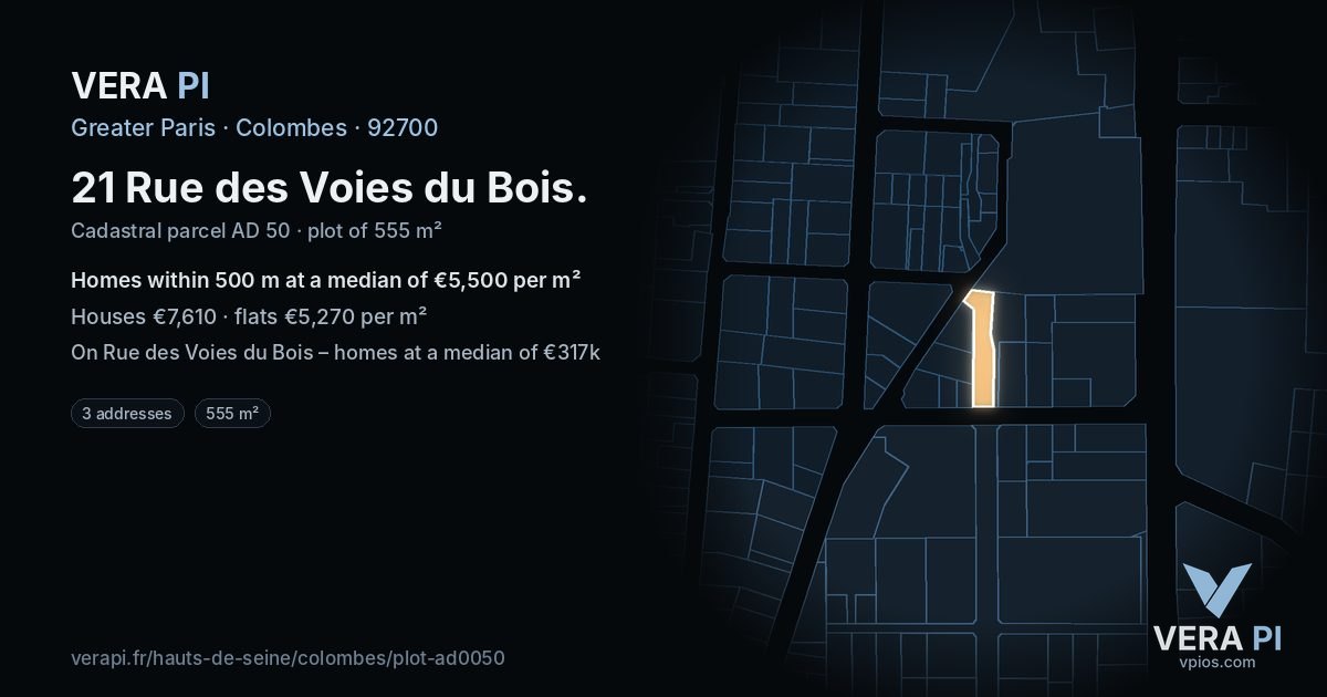 21 Rue des Voies du Bois, Colombes at night – the plot lit, the parcels around coloured by the prices near them