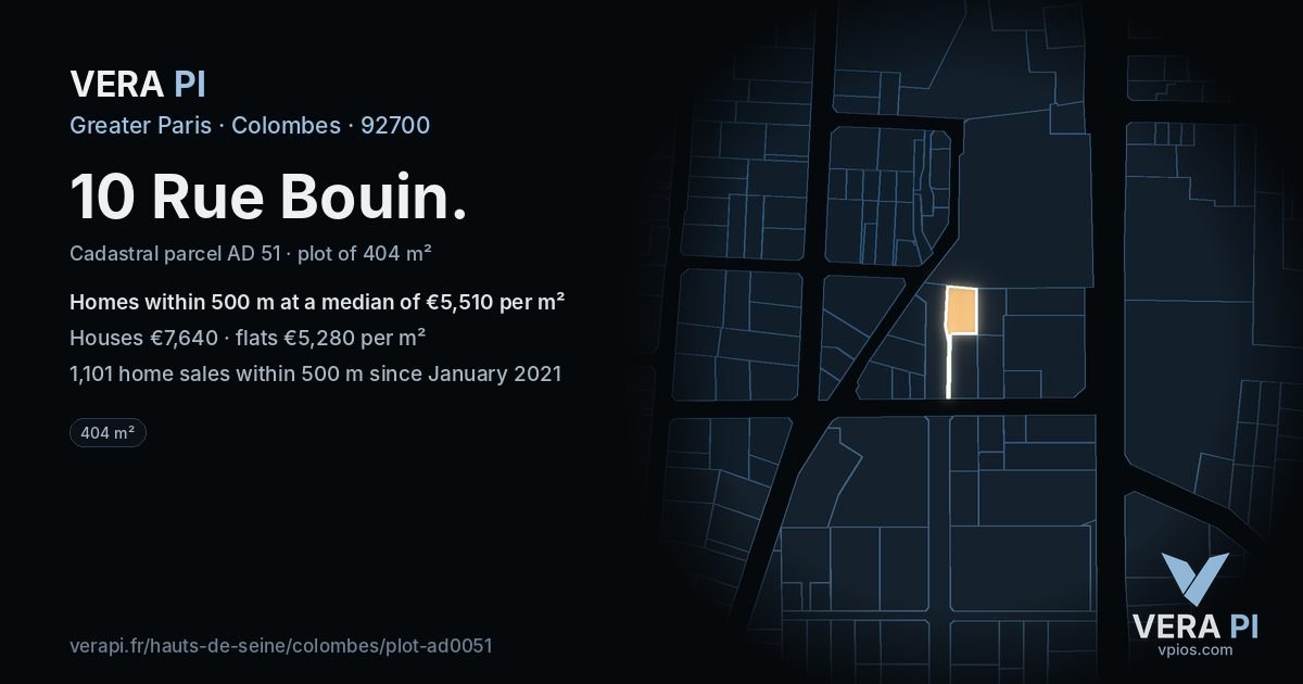 10 Rue Bouin, Colombes at night – the plot lit, the parcels around coloured by the prices near them