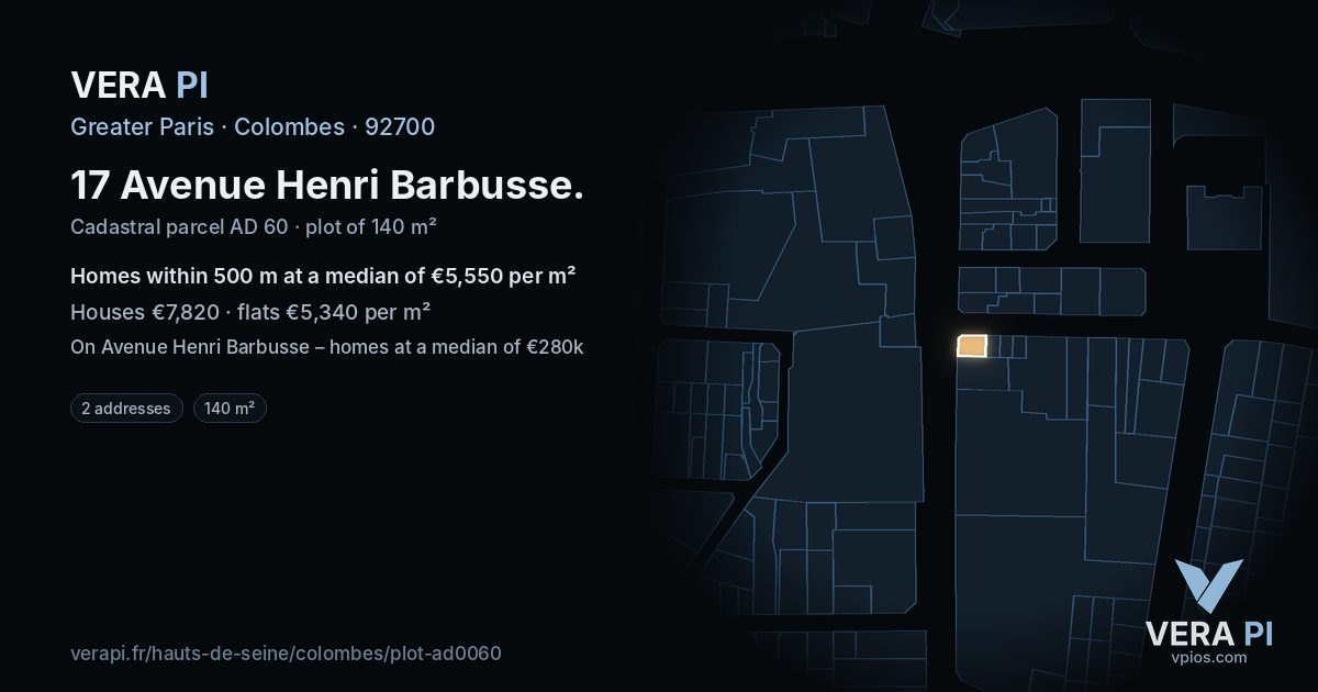 17 Avenue Henri Barbusse, Colombes at night – the plot lit, the parcels around coloured by the prices near them