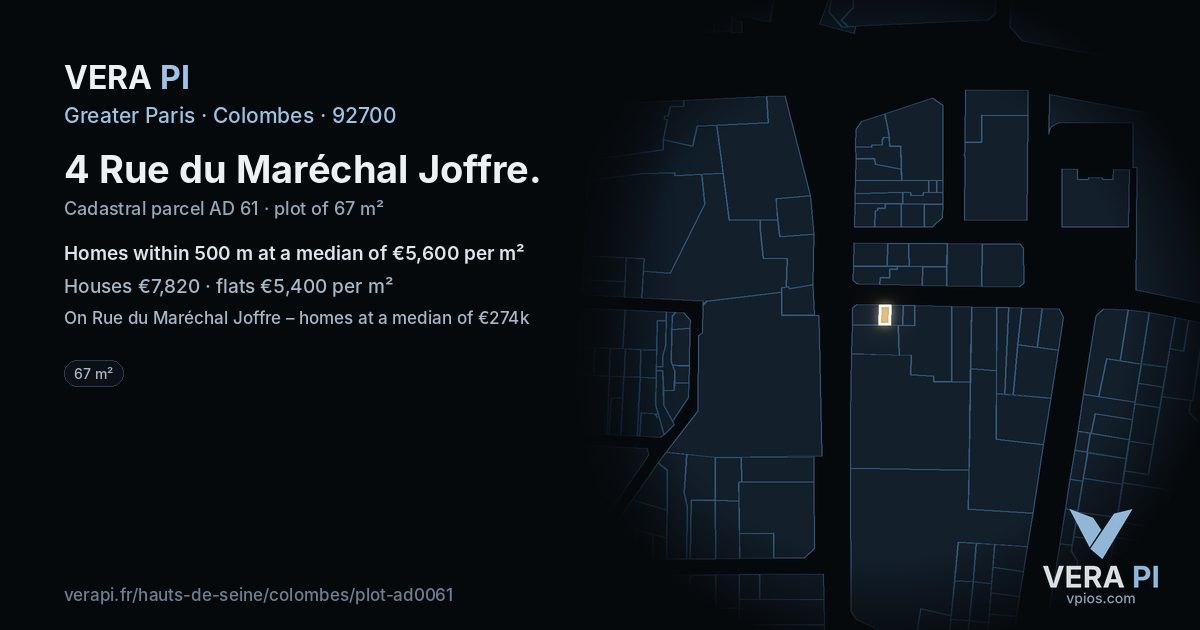 4 Rue du Maréchal Joffre, Colombes at night – the plot lit, the parcels around coloured by the prices near them