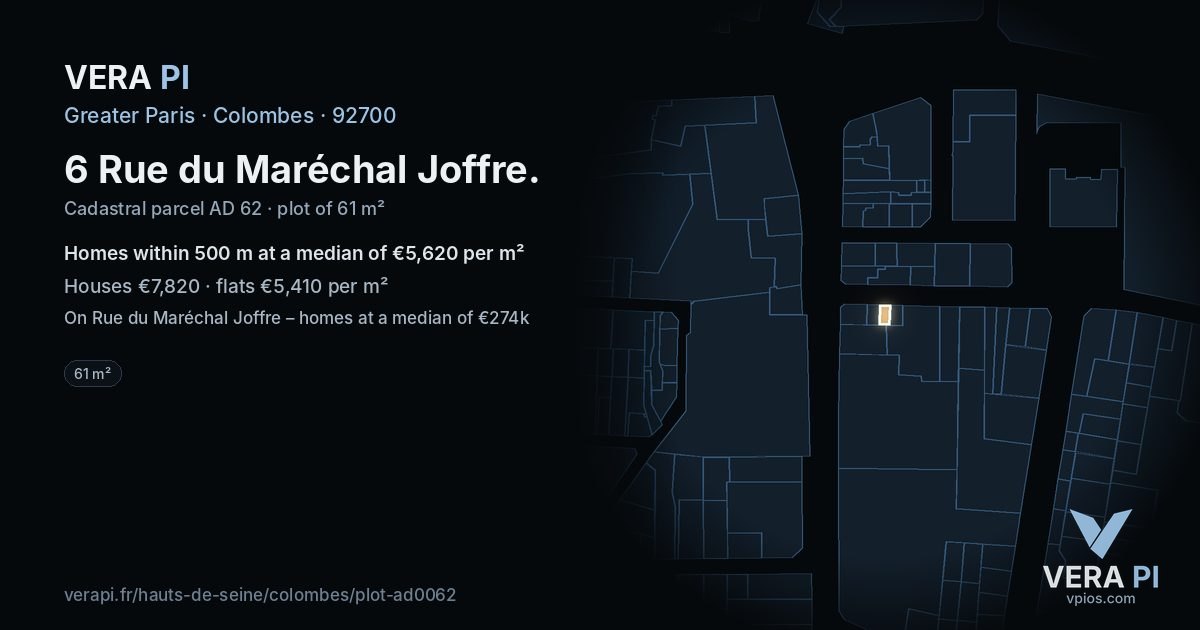 6 Rue du Maréchal Joffre, Colombes at night – the plot lit, the parcels around coloured by the prices near them