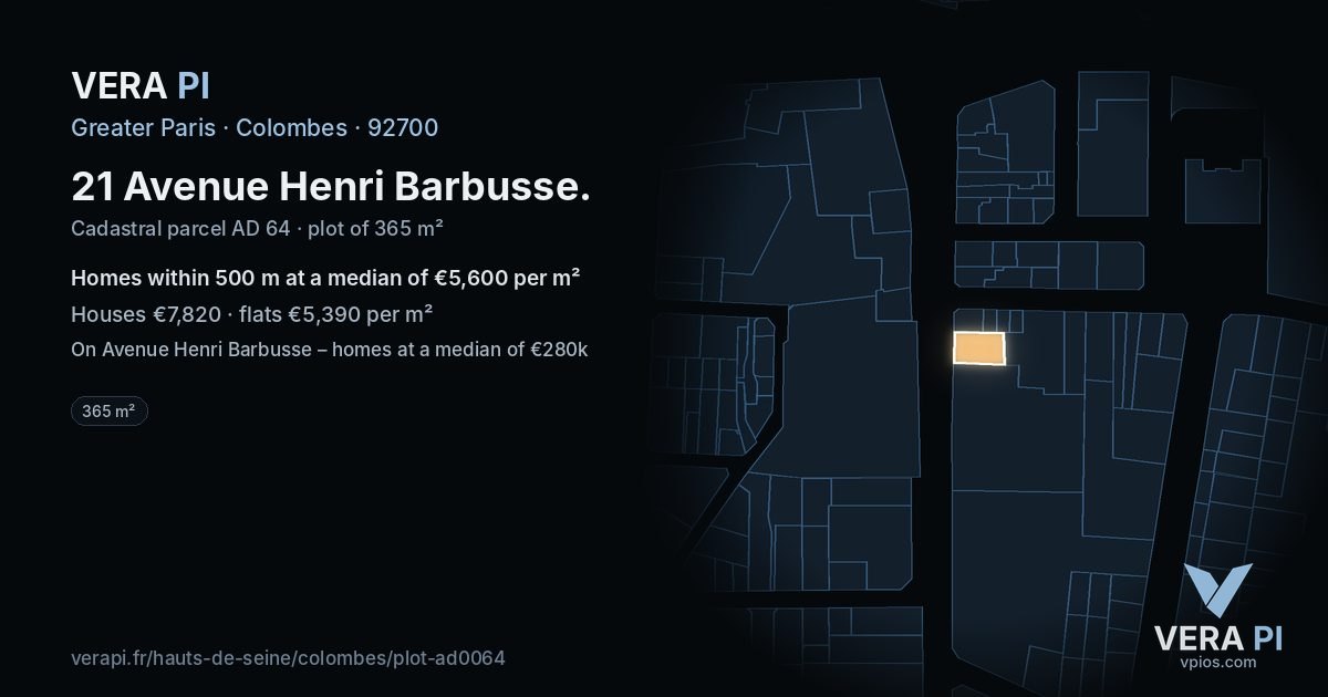 21 Avenue Henri Barbusse, Colombes at night – the plot lit, the parcels around coloured by the prices near them