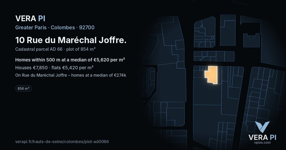 10 Rue du Maréchal Joffre, Colombes at night – the plot lit, the parcels around coloured by the prices near them