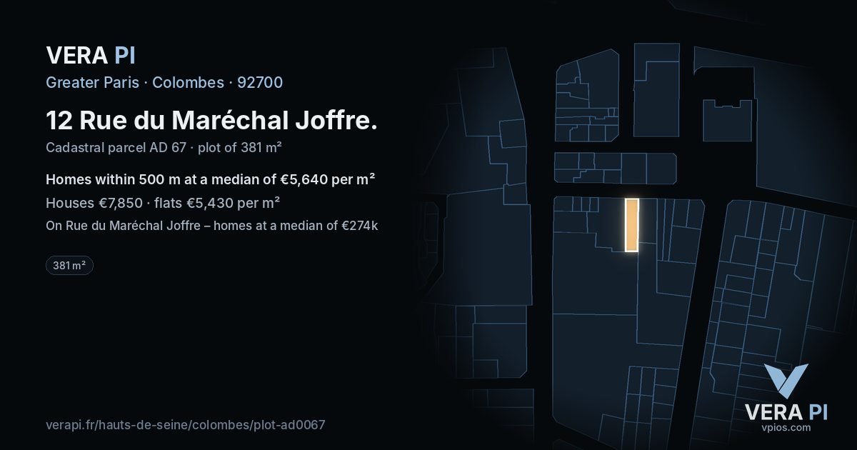 12 Rue du Maréchal Joffre, Colombes at night – the plot lit, the parcels around coloured by the prices near them