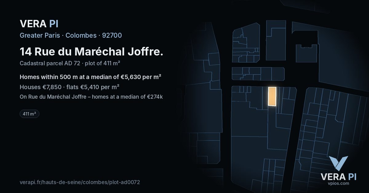 14 Rue du Maréchal Joffre, Colombes at night – the plot lit, the parcels around coloured by the prices near them