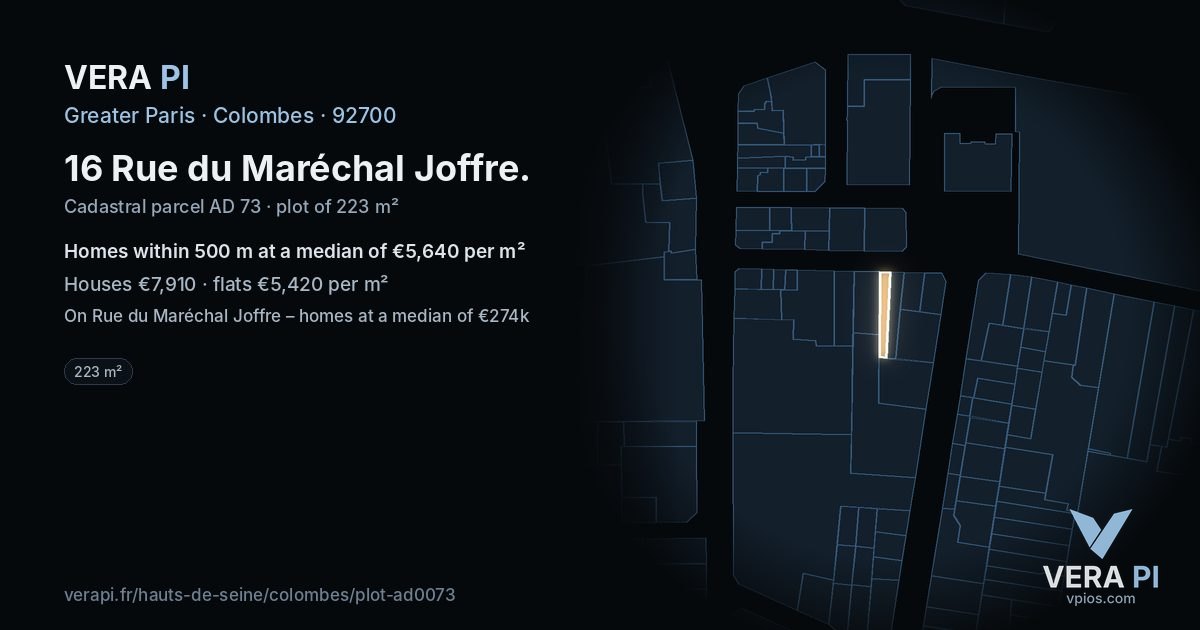 16 Rue du Maréchal Joffre, Colombes at night – the plot lit, the parcels around coloured by the prices near them