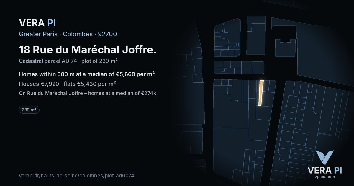 18 Rue du Maréchal Joffre, Colombes at night – the plot lit, the parcels around coloured by the prices near them
