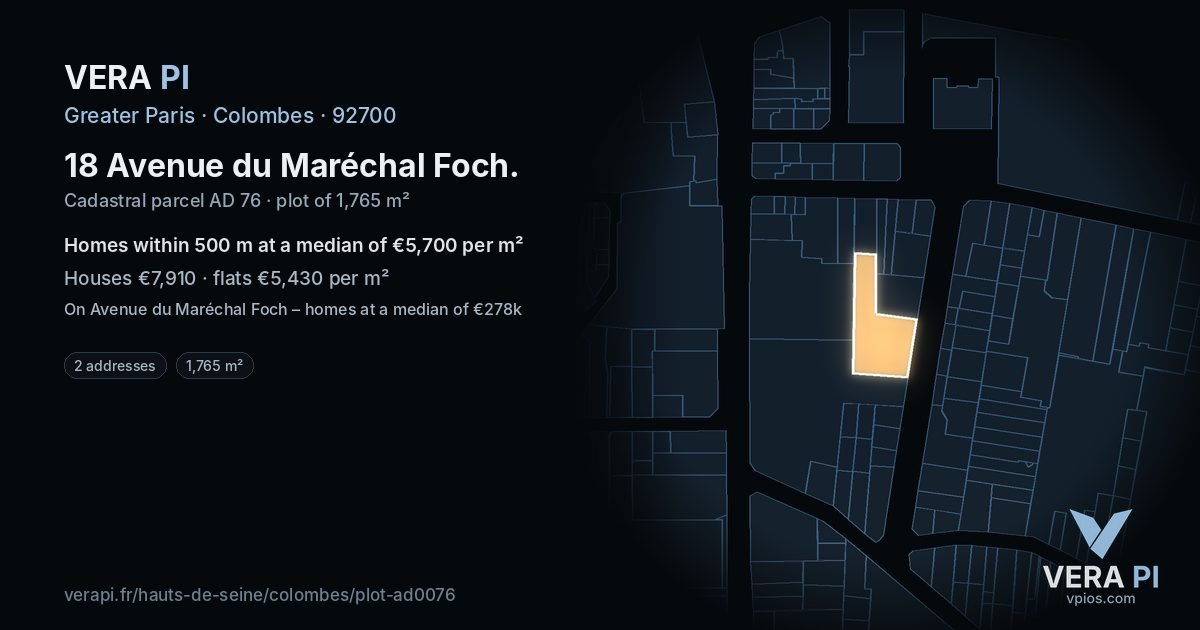18 Avenue du Maréchal Foch, Colombes at night – the plot lit, the parcels around coloured by the prices near them
