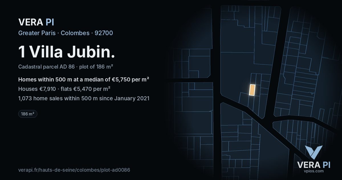 1 Villa Jubin, Colombes at night – the plot lit, the parcels around coloured by the prices near them