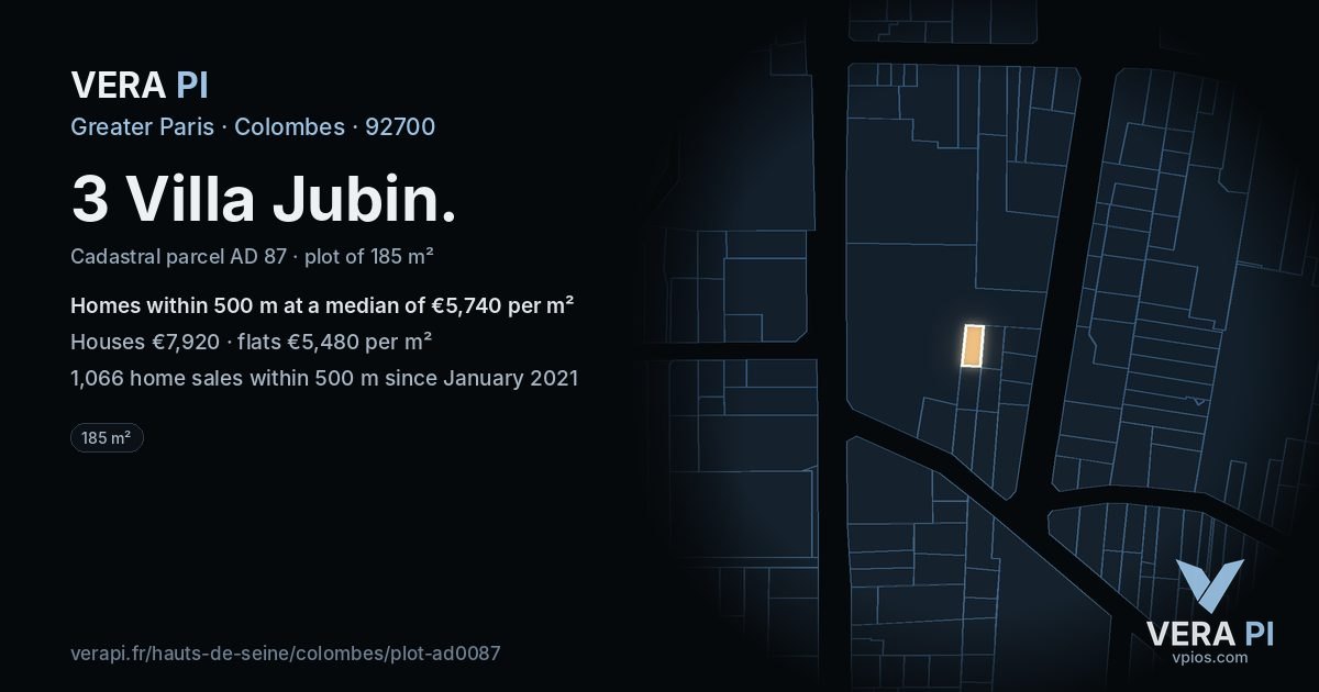 3 Villa Jubin, Colombes at night – the plot lit, the parcels around coloured by the prices near them