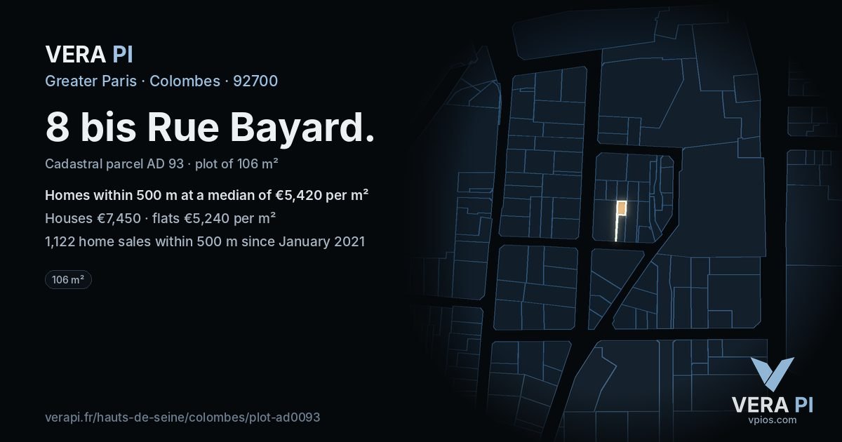 8 bis Rue Bayard, Colombes at night – the plot lit, the parcels around coloured by the prices near them