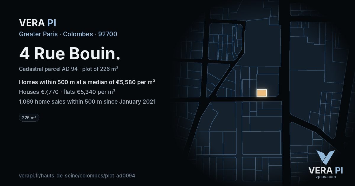 4 Rue Bouin, Colombes at night – the plot lit, the parcels around coloured by the prices near them
