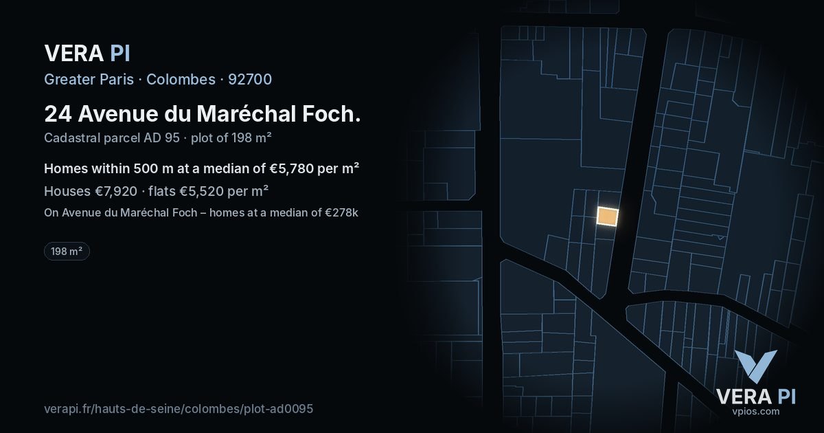 24 Avenue du Maréchal Foch, Colombes at night – the plot lit, the parcels around coloured by the prices near them