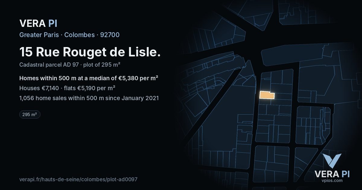 15 Rue Rouget de Lisle, Colombes at night – the plot lit, the parcels around coloured by the prices near them