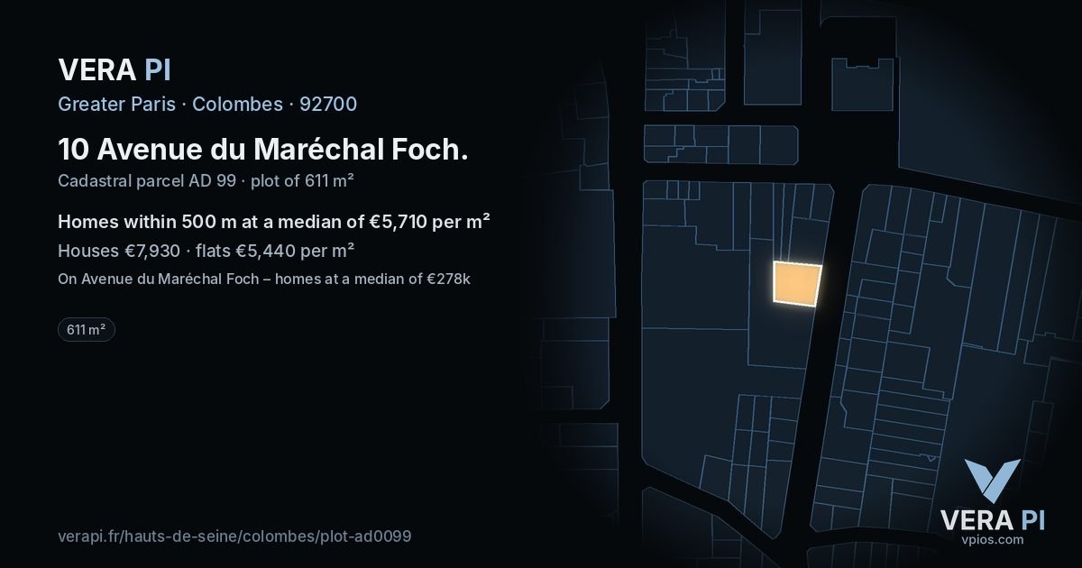 10 Avenue du Maréchal Foch, Colombes at night – the plot lit, the parcels around coloured by the prices near them