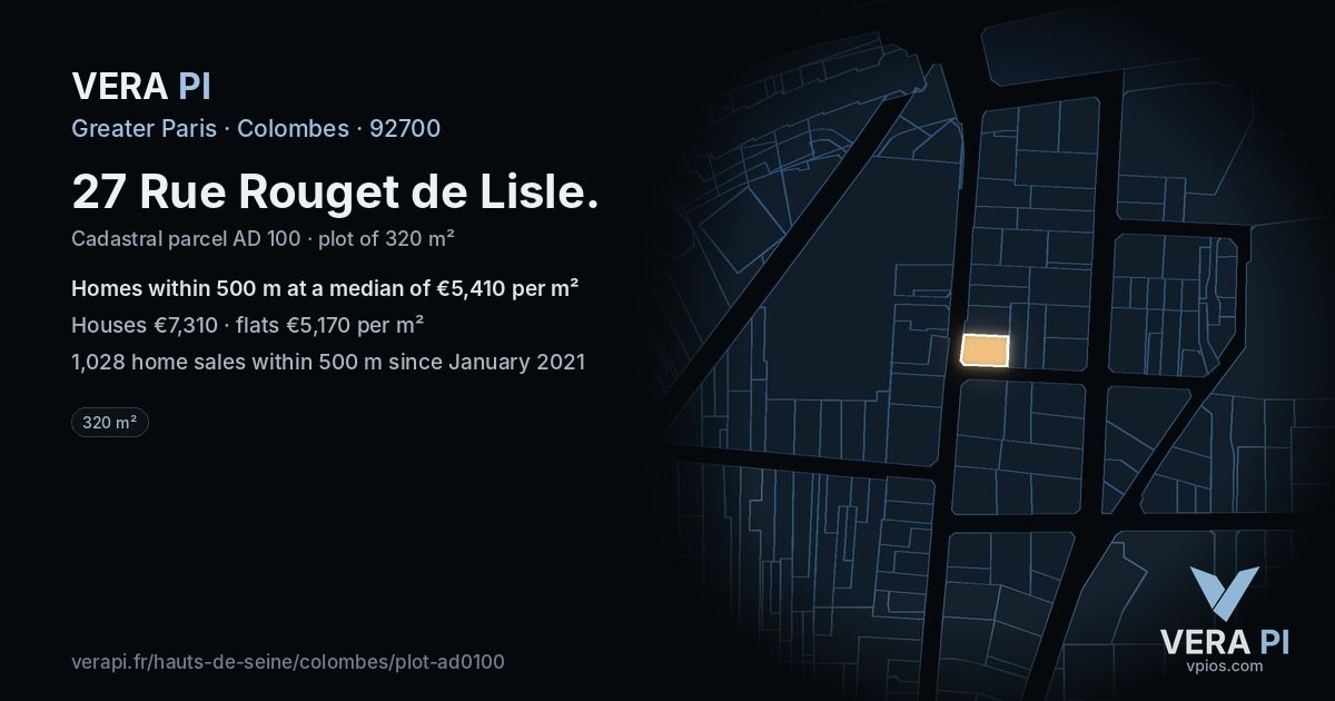27 Rue Rouget de Lisle, Colombes at night – the plot lit, the parcels around coloured by the prices near them