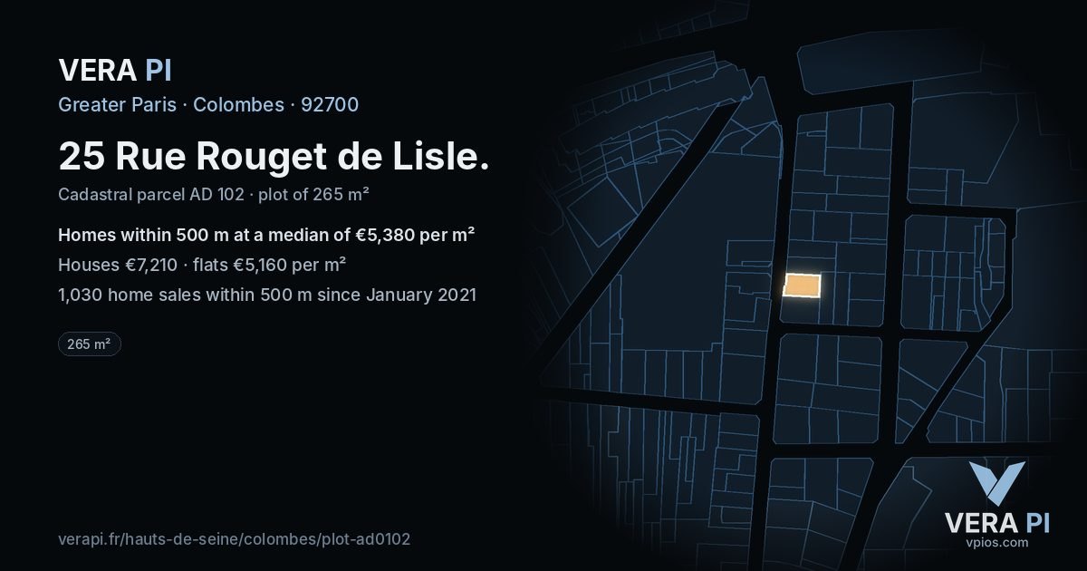 25 Rue Rouget de Lisle, Colombes at night – the plot lit, the parcels around coloured by the prices near them
